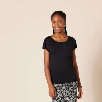 Amazon Essentials Women's Jersey Standard-Fit Short-Sleeve Boat-Neck T-Shirt, Pack of 2, Black/White French Stripe, Large