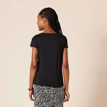 Amazon Essentials Women's Jersey Standard-Fit Short-Sleeve Boat-Neck T-Shirt, Pack of 2, Black/White French Stripe, Large