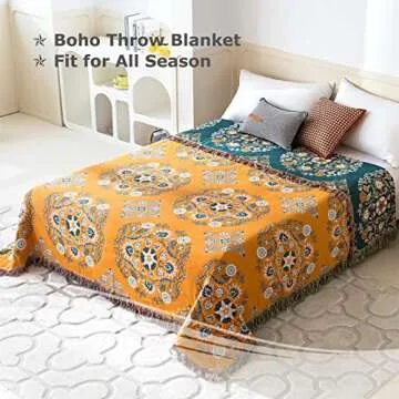 Boho Throw Blanket for Bed - 100% Cotton Ultra Soft Rustic Quilt Spring Blanket - Floral Printed Farmhouse Decor Bed Blankets,90"×98" All Season Rustic Throw for Sofa Couch Chair