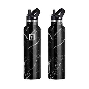 IRON °FLASK Camping & Hiking Hydration Canteens - 3 Lids (Narrow Straw Lid) Leak Proof Vacuum Insulated Stainless Steel - Hot & Cold Double Walled Sports Water Bottle - Black Marquina, 24 Oz