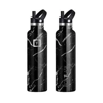 IRON °FLASK Camping & Hiking Hydration Canteens - 3 Lids (Narrow Straw Lid) Leak Proof Vacuum Insulated Stainless Steel - Hot & Cold Double Walled Sports Water Bottle - Black Marquina, 24 Oz