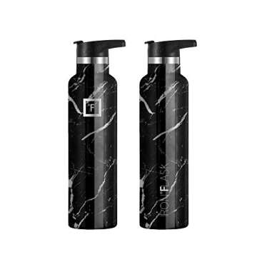 IRON °FLASK Camping & Hiking Hydration Canteens - 3 Lids (Narrow Straw Lid) Leak Proof Vacuum Insulated Stainless Steel - Hot & Cold Double Walled Sports Water Bottle - Black Marquina, 24 Oz