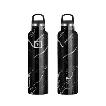 IRON °FLASK Camping & Hiking Hydration Canteens - 3 Lids (Narrow Straw Lid) Leak Proof Vacuum Insulated Stainless Steel - Hot & Cold Double Walled Sports Water Bottle - Black Marquina, 24 Oz