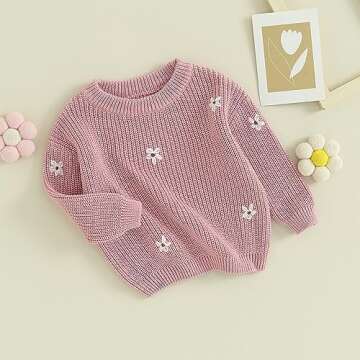 Karwuiio Toddler Baby Girl Boy Knit Sweater Round Neck Long Sleeve Pullover Sweatshirt Fall Winter Clothes (Flower Rose Pink, 18-24 Months)