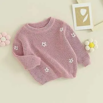 Karwuiio Toddler Baby Girl Boy Knit Sweater Round Neck Long Sleeve Pullover Sweatshirt Fall Winter Clothes (Flower Rose Pink, 18-24 Months)