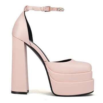 THESHY Womens Platform Chunky High Block Heels Ankle Strap Buckles Wedge Dress Pumps Fashion Shoes f...