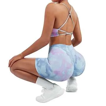 SUUKSESS Women Seamless 2 piece Workout Sets Strappy Padded Sports Bra Booty High Waisted Shorts Outfits (Candy Tie Dye,S)