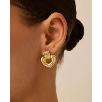 PAVOI 14K Yellow Gold Plated Chunky Drop Heart Door Knocker Earrings for Women | Gold Statement Earring Pair