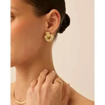 PAVOI 14K Yellow Gold Plated Chunky Drop Heart Door Knocker Earrings for Women | Gold Statement Earring Pair