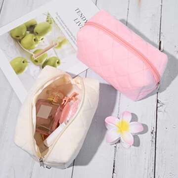 SOIDRAM 2 Pieces Makeup Bag Checkered Cosmetic Bag Plush Pink White Makeup Pouch Travel Toiletry Bag...