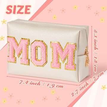 Y1tvei Preppy Patch MOM Varsity Letter Cosmetic Toiletry Bag PU Leather Portable Waterproof Makeup B...