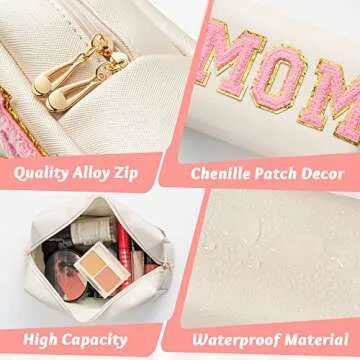 Y1tvei Preppy Patch MOM Varsity Letter Cosmetic Toiletry Bag PU Leather Portable Waterproof Makeup Bag Zipper Pouch Purse Travel Organizer Mama to Be Gift for Mom Birthday Mother's Day Baby Shower