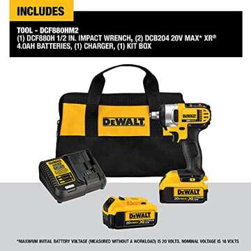 DEWALT 20V MAX* Cordless Impact Wrench Kit with Hog Ring, 1/2-Inch (DCF880HM2), Yellow
