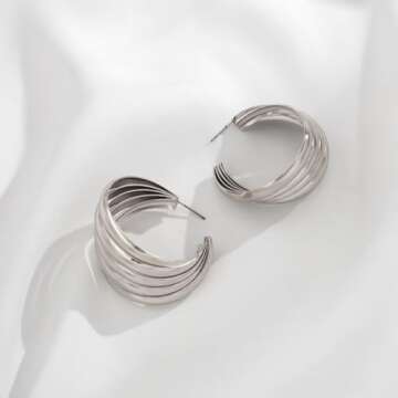 Xerling Chunky Layered Twisted Silver Hoop Earrings Retro Thick U Shape Open Hoop Earrings for Women Party Gifts (Silver)