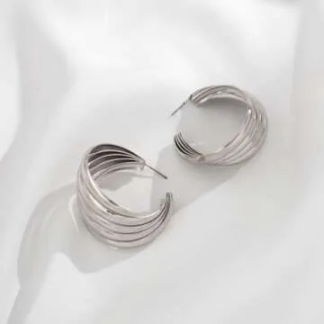 Xerling Chunky Layered Twisted Silver Hoop Earrings Retro Thick U Shape Open Hoop Earrings for Women Party Gifts (Silver)