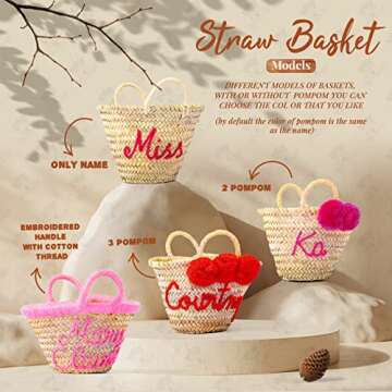 Personalized Easter Basket, Egg Hunts, Spring Birthdays, Cute Straw Gift Bag - Adorable Customized Easter Baskets Monogramed By Hand With Any Name & Colorful Pompoms For Kids