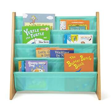 Humble Crew 4-Tier Kids Bookshelf, Natural Wood/Seafoam Green - Premium Book Shelf for Kids Rooms with Four Deep Pockets - Toddler Sling Book Rack with Deep Sleeves, Nursery Bookcase Organizer