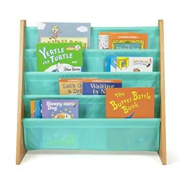 Humble Crew 4-Tier Kids Bookshelf, Natural Wood/Seafoam Green - Premium Book Shelf for Kids Rooms with Four Deep Pockets - Toddler Sling Book Rack with Deep Sleeves, Nursery Bookcase Organizer