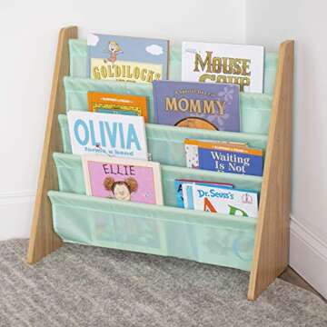 Humble Crew 4-Tier Kids Bookshelf, Natural Wood/Seafoam Green - Premium Book Shelf for Kids Rooms with Four Deep Pockets - Toddler Sling Book Rack with Deep Sleeves, Nursery Bookcase Organizer