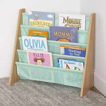 Humble Crew 4-Tier Kids Bookshelf, Natural Wood/Seafoam Green - Premium Book Shelf for Kids Rooms with Four Deep Pockets - Toddler Sling Book Rack with Deep Sleeves, Nursery Bookcase Organizer