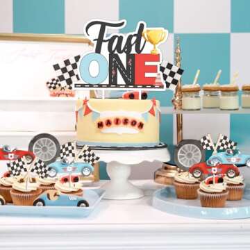 Fast One Birthday Decorations for Boys - 25pcs Race Car 1st Birthday Cake Topper Cupcake Toppers, Ra...