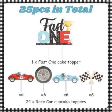 Fast One Birthday Decorations for Boys - Race Car Toppers