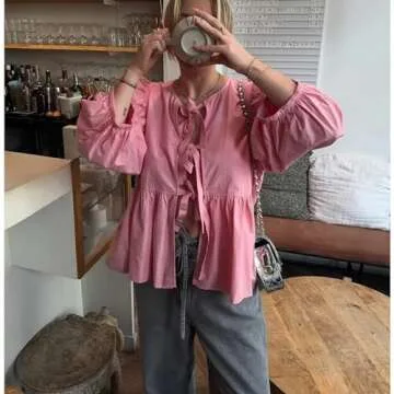 Tie Front Tops Women Y2k Leopard Print Peplum Babydoll Top 3/4 Length Puff Sleeve Coquette Tops Cute...