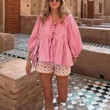 Tie Front Tops Women Y2k Leopard Print Peplum Babydoll Top 3/4 Length Puff Sleeve Coquette Tops Cute Going Out Tops