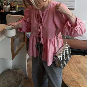 Tie Front Tops Women Y2k Leopard Print Peplum Babydoll Top 3/4 Length Puff Sleeve Coquette Tops Cute Going Out Tops