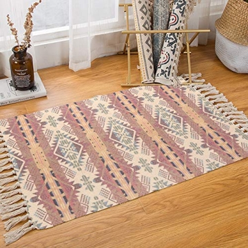KIMODE Bohemian Cotton Area Rug,Hand Woven Print Tassels Throw Rugs Door Mat Reversible Floor Rug In...