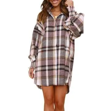 Danedvi Womens Oversized Flannel Plaid Shirts Jacket Ballon Sleeve Button Down Shacket Coats Pink