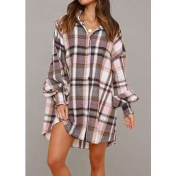 Danedvi Womens Oversized Flannel Plaid Shirts Jacket Ballon Sleeve Button Down Shacket Coats Pink