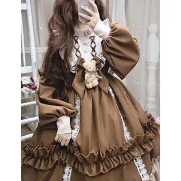 Adove Women's Kawaii Lolita Long Sleeve Teen Dress, Brownness, Medium