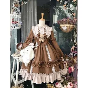Adove Women's Kawaii Lolita Long Sleeve Teen Dress, Brownness, Medium