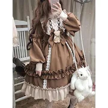 Adove Women's Kawaii Lolita Long Sleeve Teen Dress, Brownness, Medium