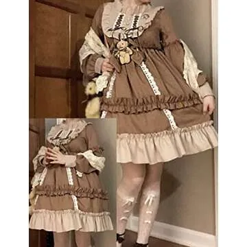 Adove Women's Kawaii Lolita Long Sleeve Teen Dress, Brownness, Medium