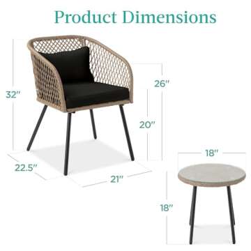 Best Choice Products 3-Piece Outdoor Wicker Bistro Set, Patio Dining Conversation Furniture for Backyard, Balcony, Porch w/Diamond Weave Design, Tempered Glass Side Table, 2 Chairs - Black