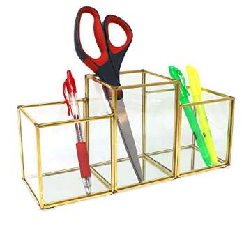 Isaac Jacobs 3-Compartment Makeup Brush Holder, Vintage Style Brass and Glass Organizer, (9.3” L x 3.1" W x 4.5" H) Storage Solution with Mirror Base & Taller Center Slot, for Makeup, Crafts, & More