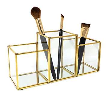Isaac Jacobs 3-Compartment Makeup Brush Holder, Vintage Style Brass and Glass Organizer, (9.3” L x 3.1" W x 4.5" H) Storage Solution with Mirror Base & Taller Center Slot, for Makeup, Crafts, & More