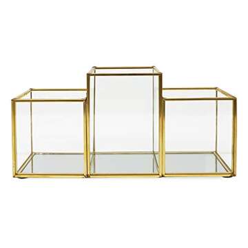 Isaac Jacobs 3-Compartment Makeup Brush Holder, Vintage Style Brass and Glass Organizer, (9.3” L x 3.1" W x 4.5" H) Storage Solution with Mirror Base & Taller Center Slot, for Makeup, Crafts, & More