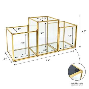 Isaac Jacobs 3-Compartment Makeup Brush Holder, Vintage Style Brass and Glass Organizer, (9.3” L x 3.1" W x 4.5" H) Storage Solution with Mirror Base & Taller Center Slot, for Makeup, Crafts, & More