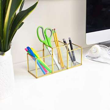 Isaac Jacobs 3-Compartment Makeup Brush Holder, Vintage Style Brass and Glass Organizer, (9.3” L x 3.1" W x 4.5" H) Storage Solution with Mirror Base & Taller Center Slot, for Makeup, Crafts, & More