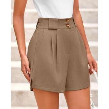 KIRUNDO Womens Shorts Dressy Casual 2025 Trendy Summer Elastic High Waisted Pleated Side Slit Business Work Shorts Pockets(Khaki, Small)