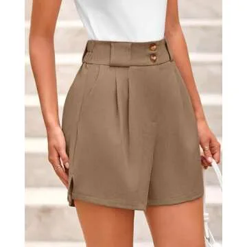 KIRUNDO Womens Shorts Dressy Casual 2025 Trendy Summer Elastic High Waisted Pleated Side Slit Business Work Shorts Pockets(Khaki, Small)