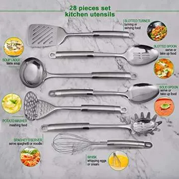 Stainless steel kitchen utensil set, 28 pcs kitchen gadgets and cooking utensil with holder - best kitchen tool set gift