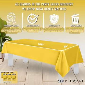 ZIMPLEWARE Premium Yellow Plastic Table Cloth Disposable (6 Pk) Plastic Tablecloths for Rectangle Tables (54in x 108in) Party Table Cloths Disposable for 6ft to 8ft Rectangle Tables