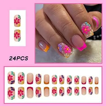 French Tip Press on Nails Square Short Fake Nails Pink False Nails with Colorful Designs Glossy Acry...