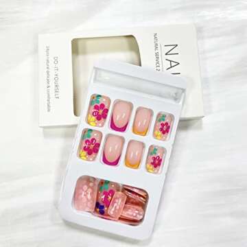 French Tip Press on Nails Square Short Fake Nails Pink False Nails with Colorful Designs Glossy Acrylic Nails Spring Summer Floral Glue on Nails for Women Nail Art Decorations