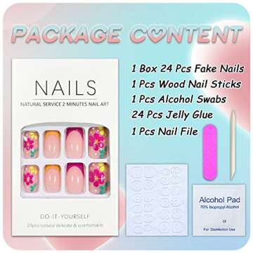 French Tip Press on Nails Square Short Fake Nails Pink False Nails with Colorful Designs Glossy Acrylic Nails Spring Summer Floral Glue on Nails for Women Nail Art Decorations