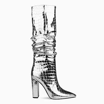 UP2STEP Women Patent Slouchy Block Heel Boots Shiny Sequins Knee High Chunky Heel Boot Mid Calf Dress Shoes Silver Size 9